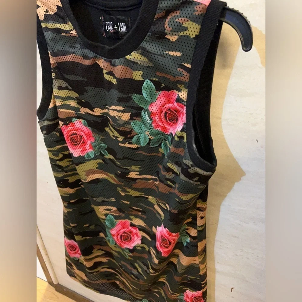 Eric + Lani camouflage and rose mesh tank dress